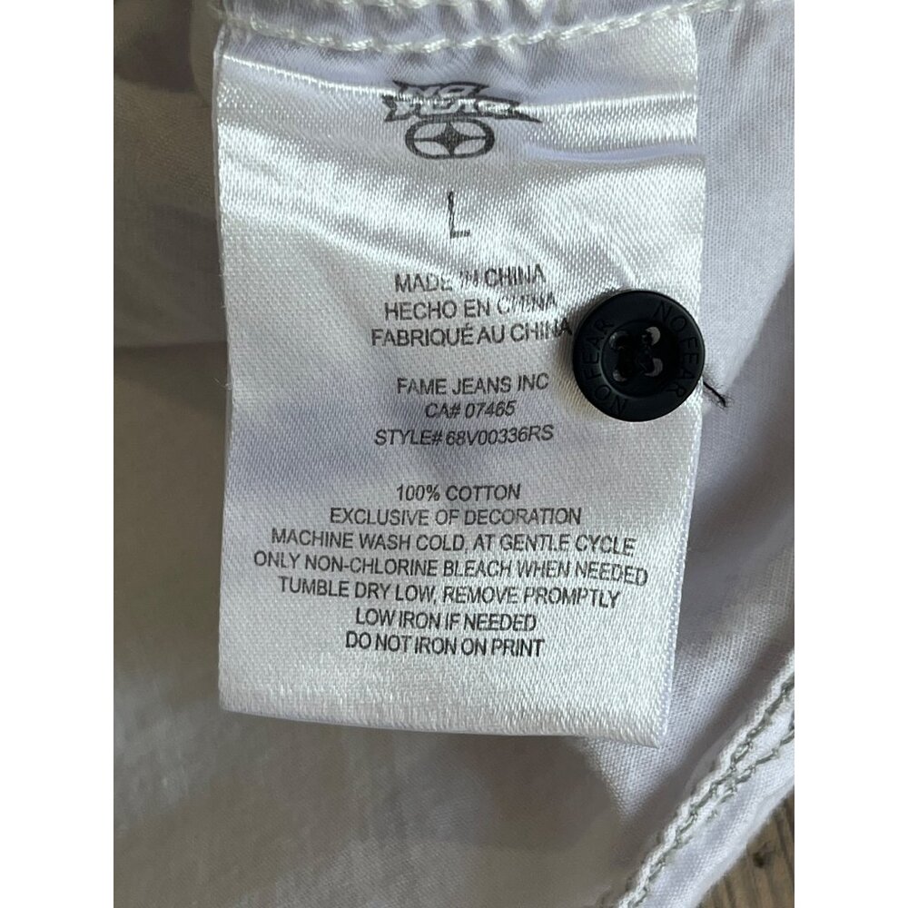 Y2K No Fear Button Up Shirt Mens L White Pockets Double Stitching Short Sleeve - Picture 7 of 9